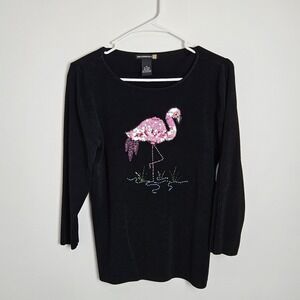 Sweaterworks Women's Size‎ M Embellished Top Beaded Sequin Flamingo